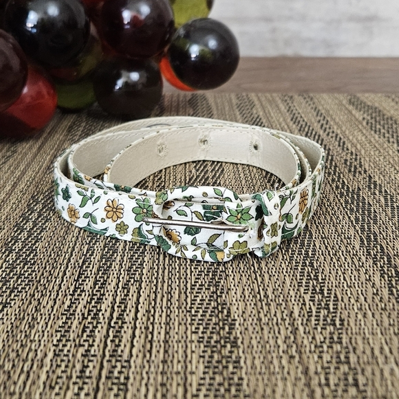 Vintage Belt Floral Skinny 1960s 60s New Old Stock Green Gold Cream MCM S M - Picture 4 of 8